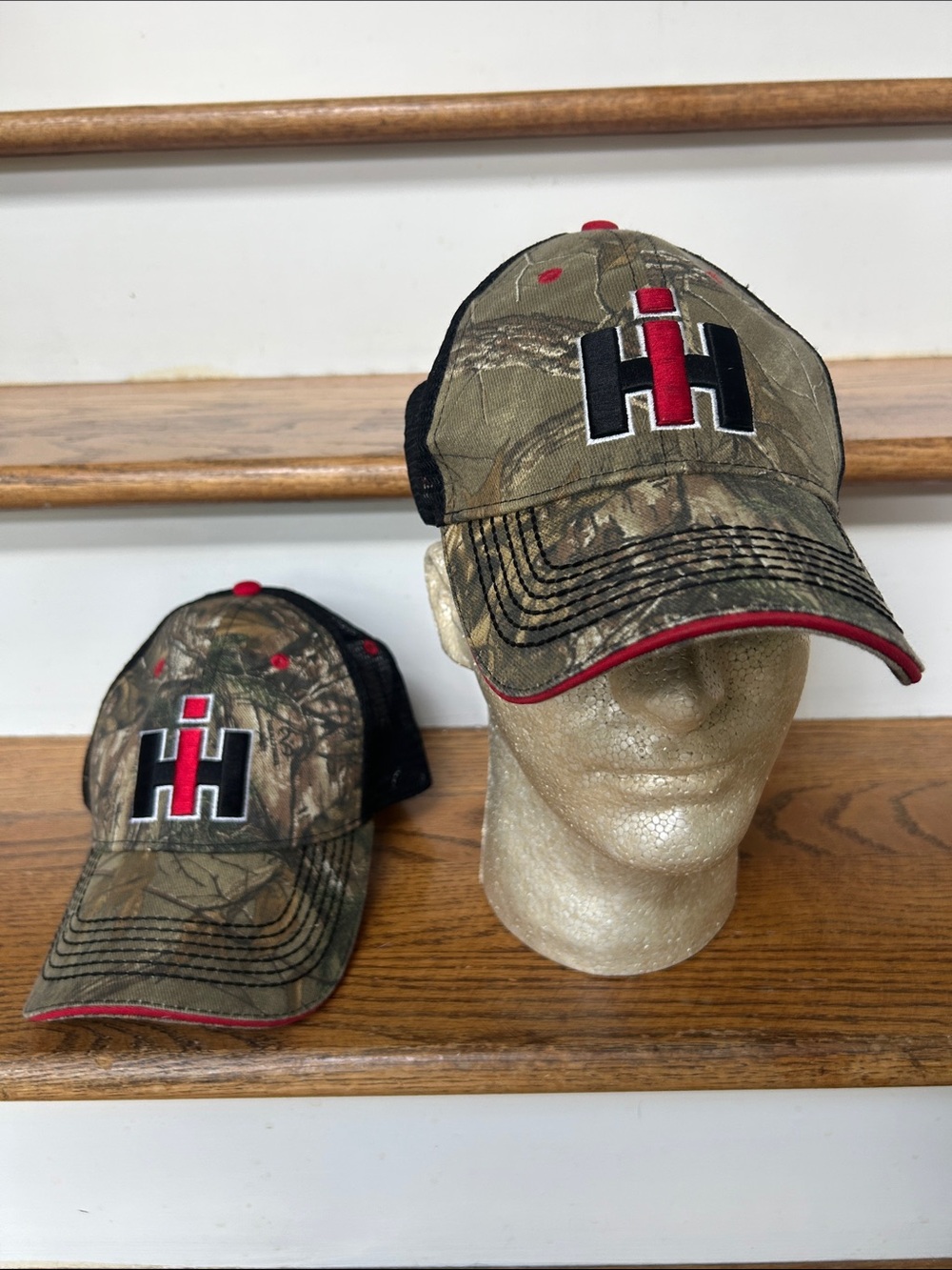 Set of 2 Identical International Harvester Camo Trucker Hat w Red Trim Case IH